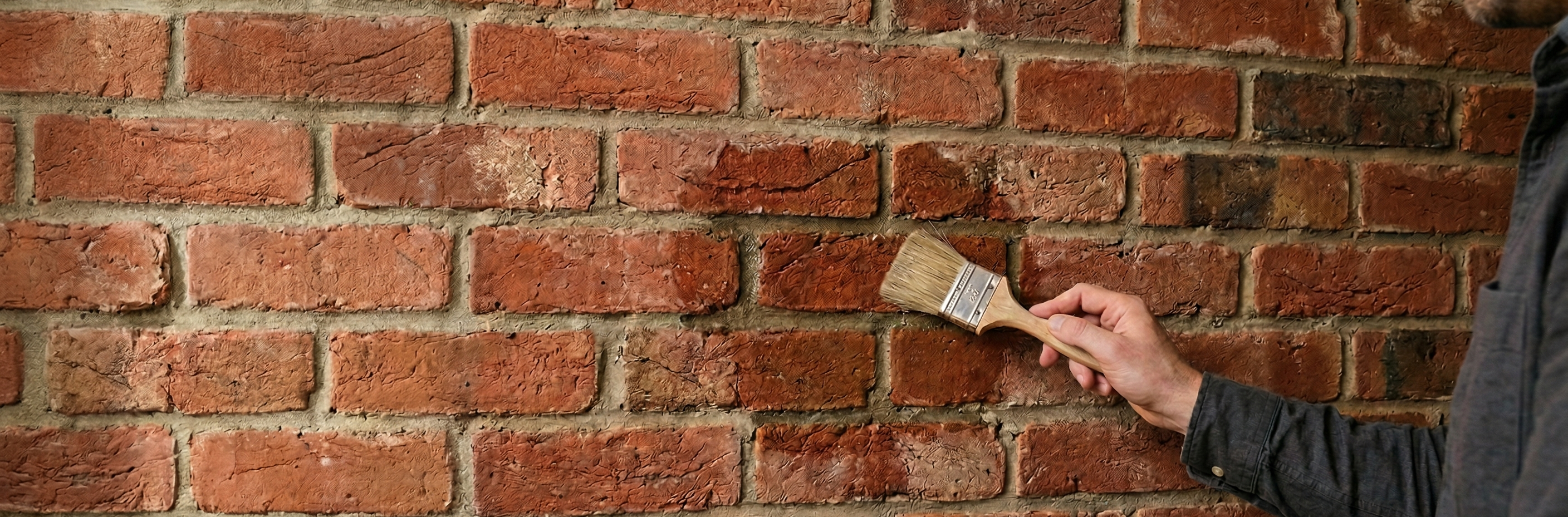 Applying invisible clear water repellent to interior brickwork to prevent penetrating moisture.