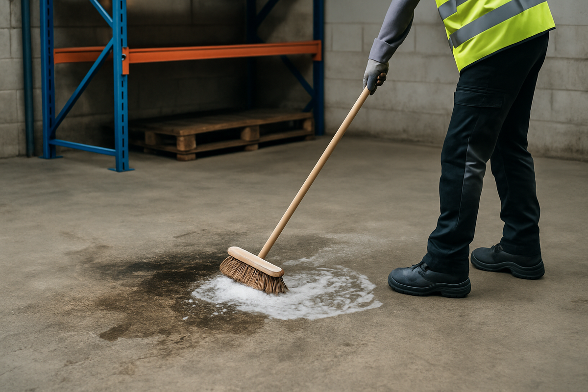 An oil-stained bare concrete workshop floor, a gloved tradesperson brushing in c