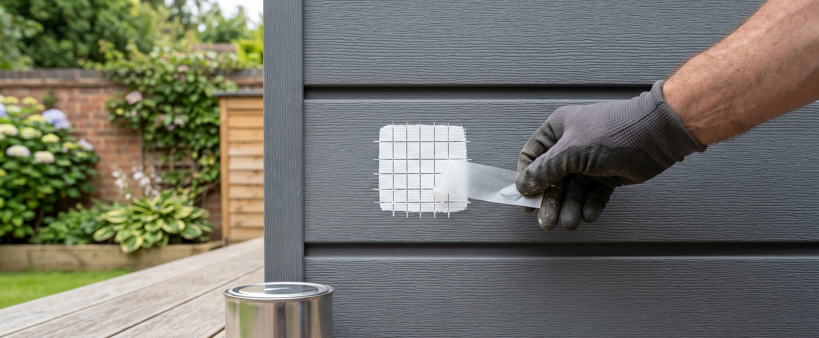 A person performing a cross-hatch adhesion test on painted composite cladding to check bond strength.
