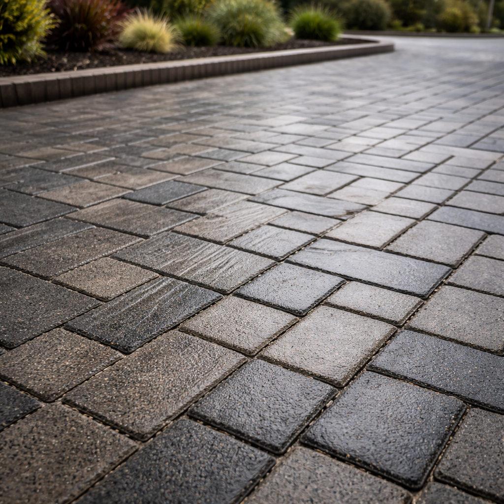 Close-up of a patterned stone pavement with a blurred background