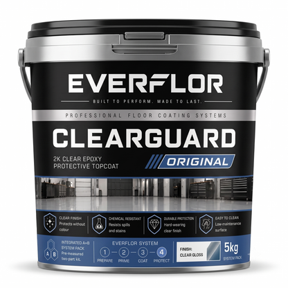 A 5kg bucket of Everflor Clearguard Original 2K Clear Epoxy Protective Topcoat floor coating, featuring a black and silver label with white text and blue accents.