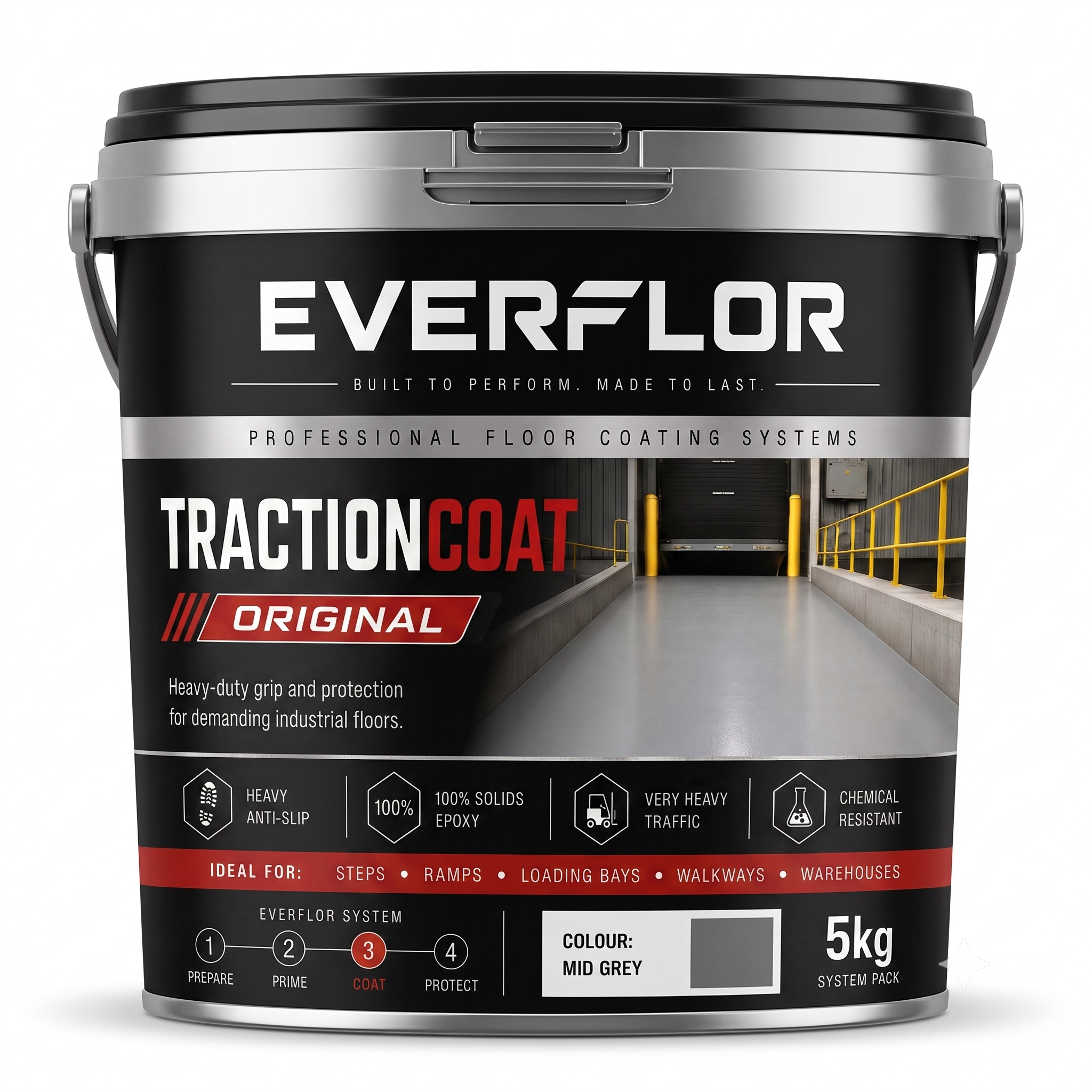 A 5kg bucket of Everflor TractionCoat Original floor coating, featuring a black and silver label with a grey color swatch indicating the paint color.