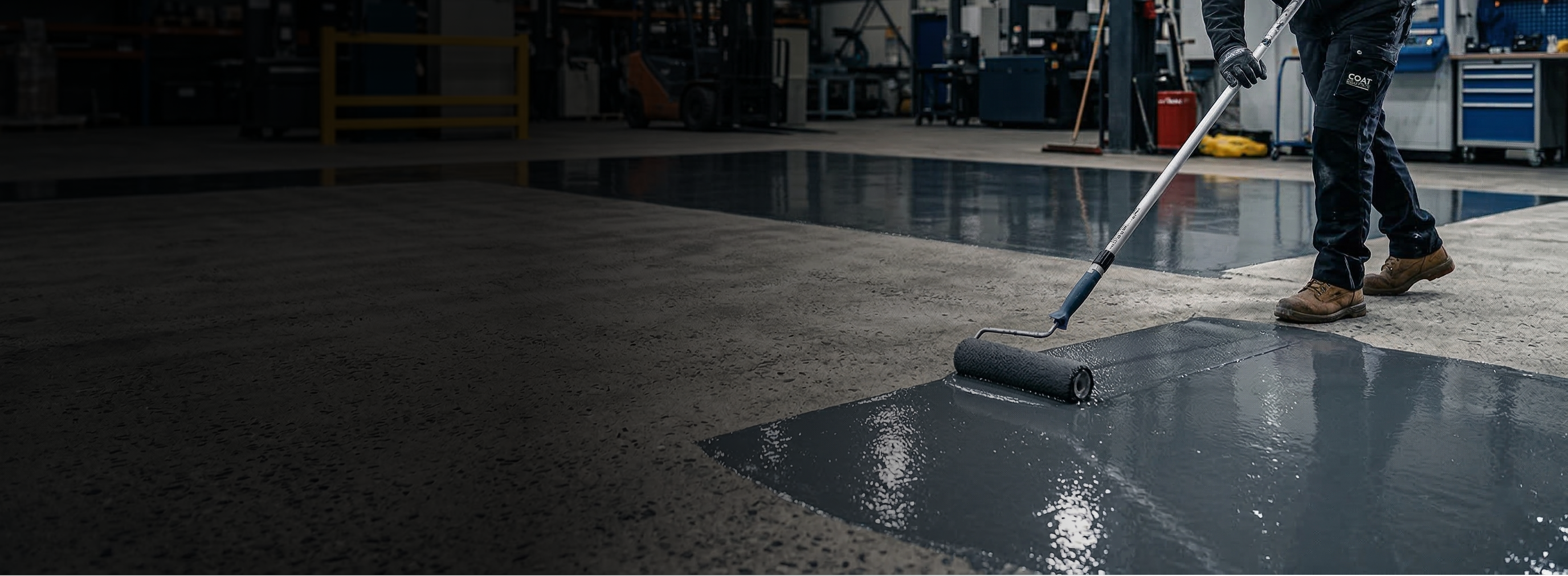 A worker in a dark workshop applies a glossy dark gray floor coating with a long-handled roller.