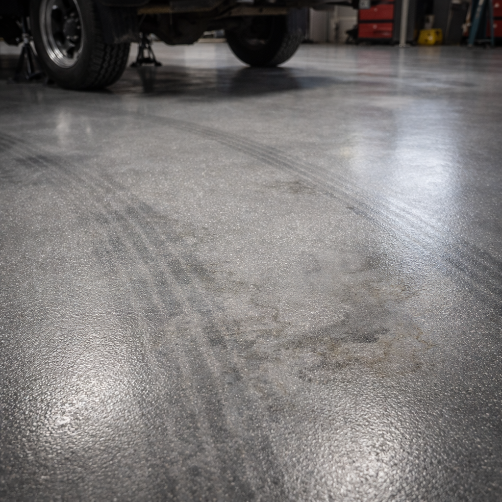 Polished concrete floor in a garage with tire tracks